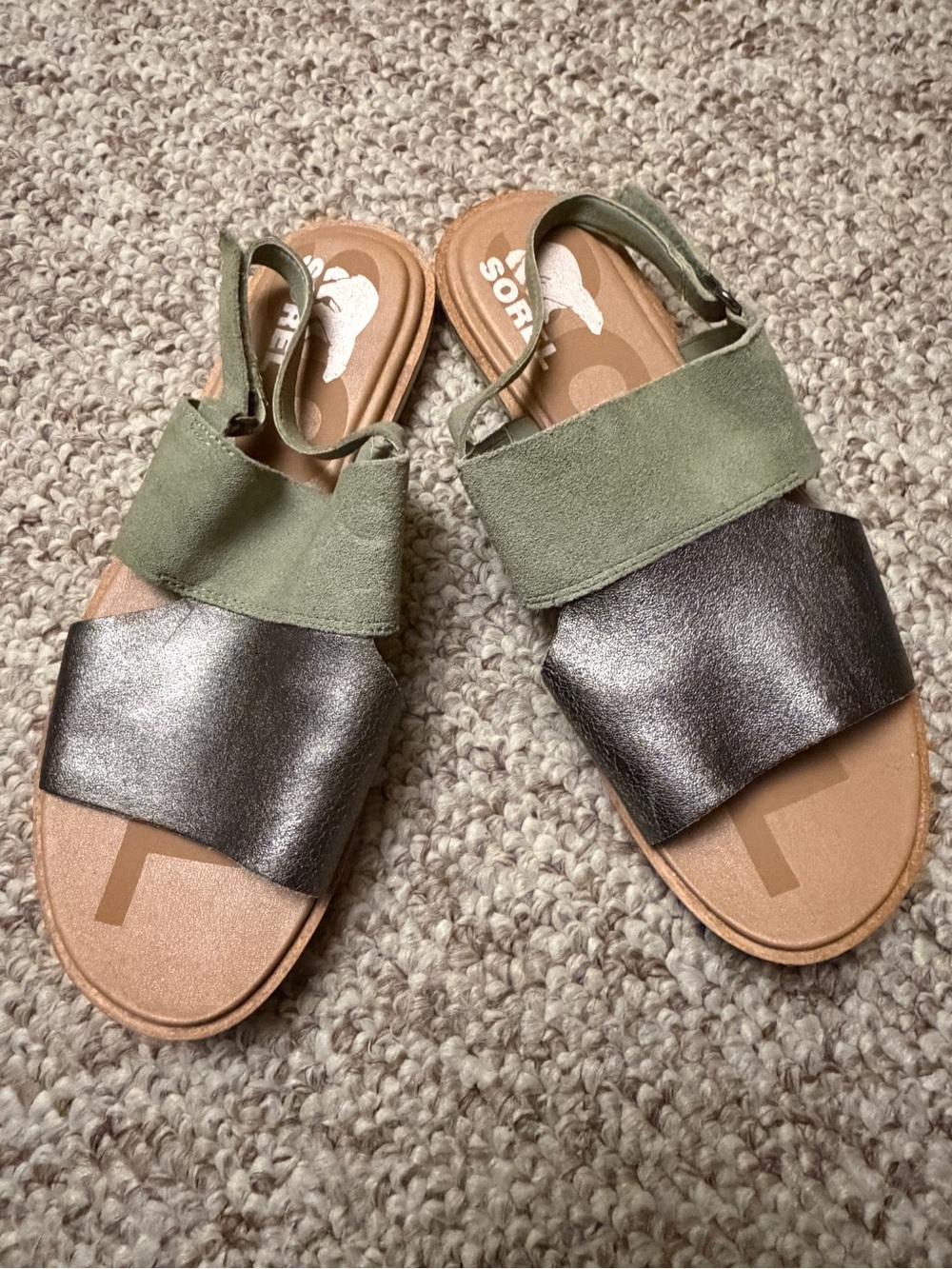 Sorel Two-Band Slingback Sandals in Olive Green and Metallic Taupe